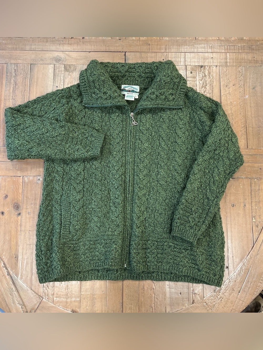Aran Crafts Wool Zip Front Cardigan Sweater Women’s Large Cable Knit Green Cozy
